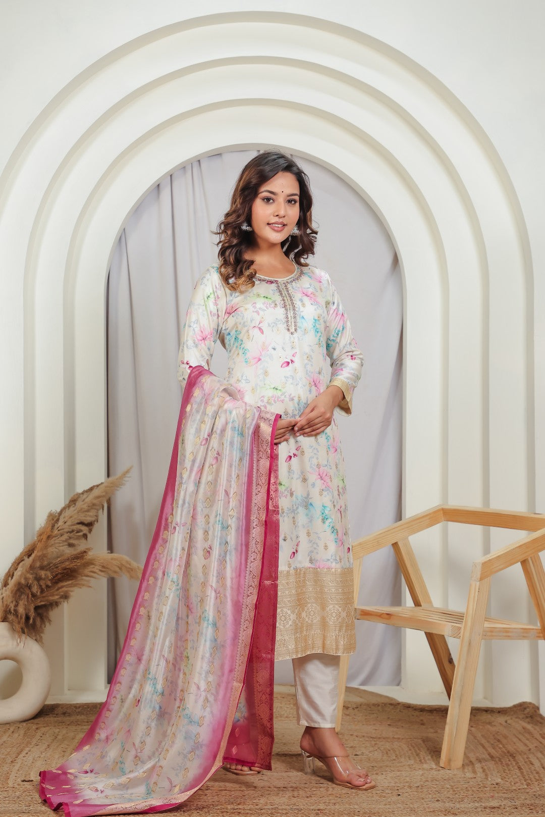 Off White Muslin Silk Suit with Colorful Floral Print, Pant & Dupatta