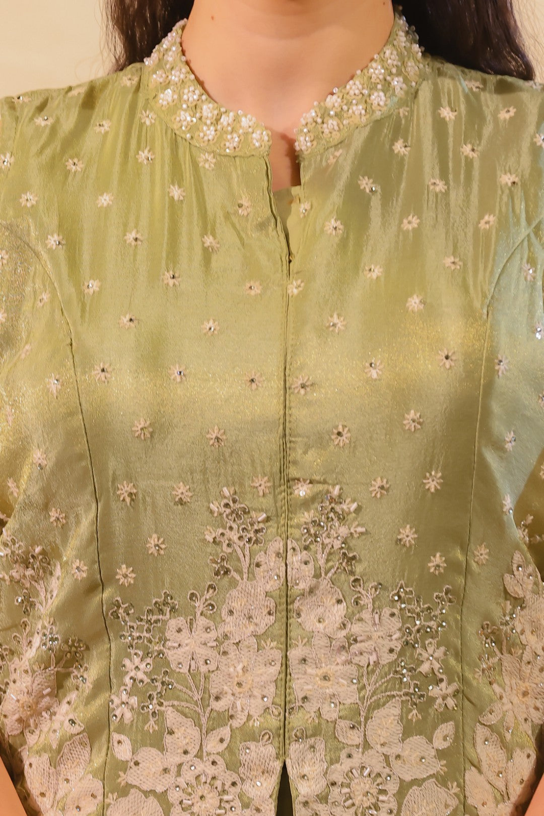 Pista Green Mosh Silk Jacket with Thread & Stone Work, Palazzo & Dupatta