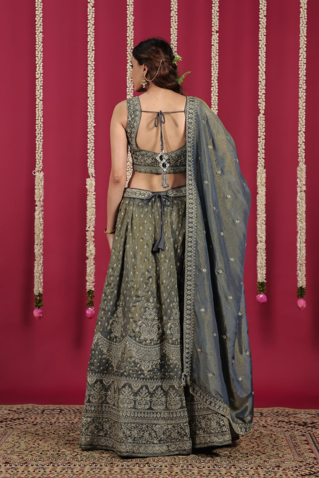Steal Grey Mosh Silk Blouse with Full Heavy Zari Work, Lehenga & Dupatta
