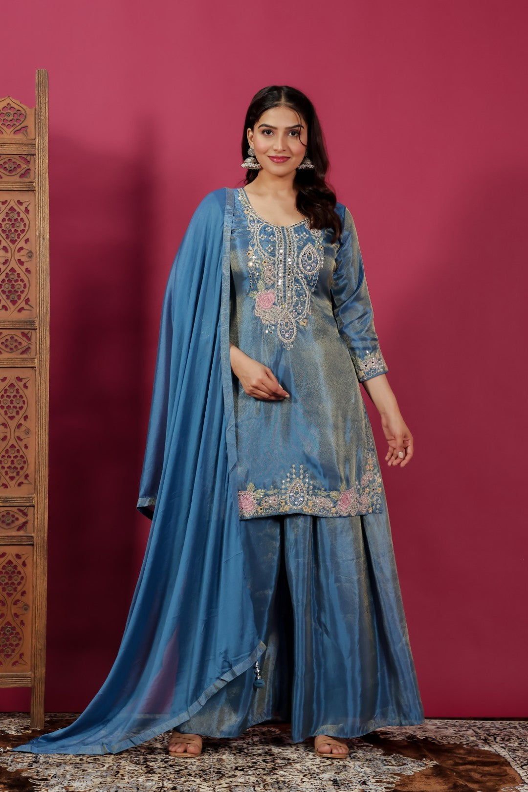 Diesel Blue Mosh Silk Handwork Suit, Palazzo & Dupatta