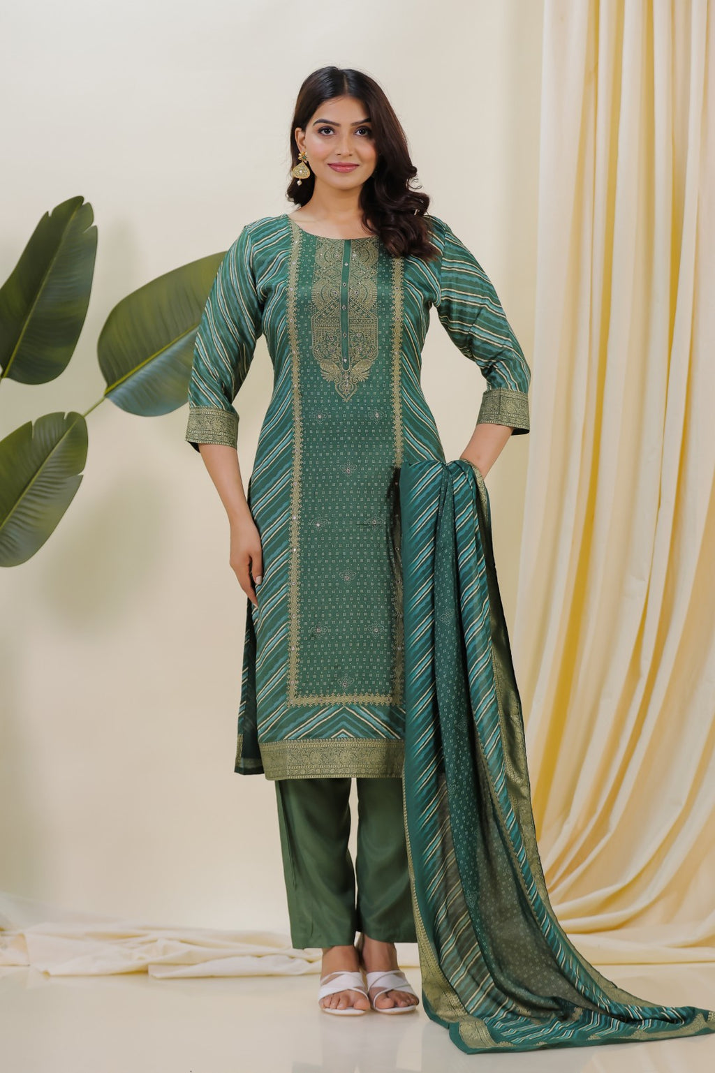 Green Silk Leheriya Print Suit with Foil Work, Bottom & Dupatta