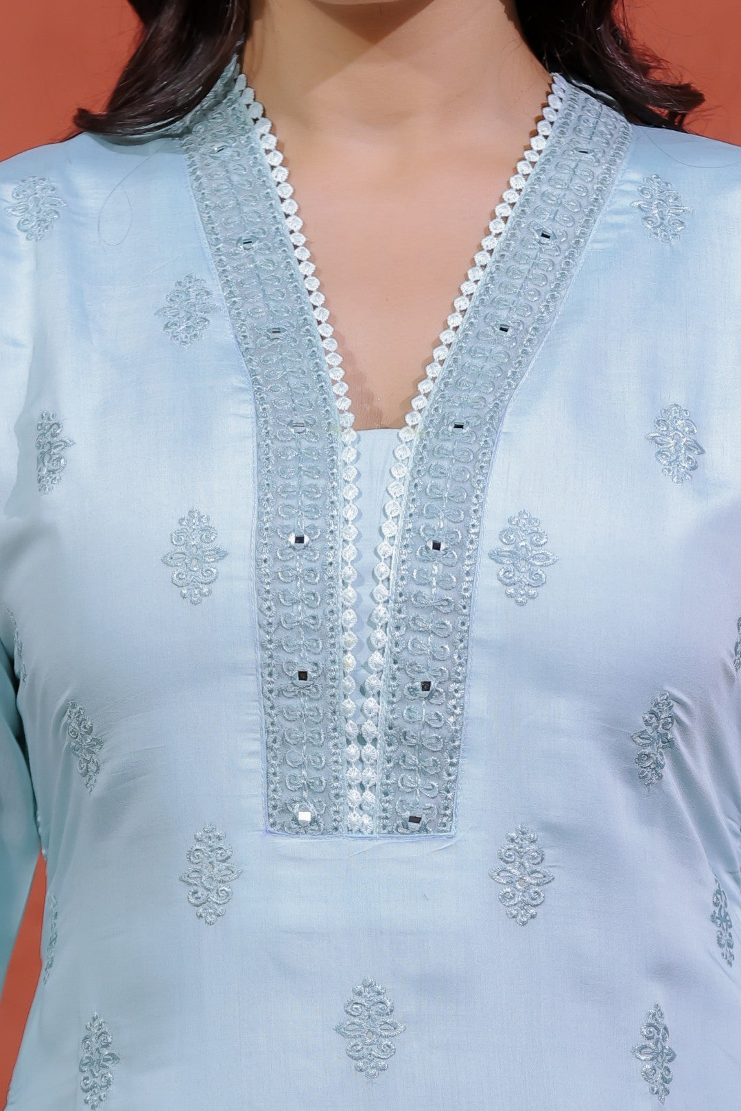 Sky Blue Muslin Silk Suit with Thread Embroidery, Bottom & Dupatta