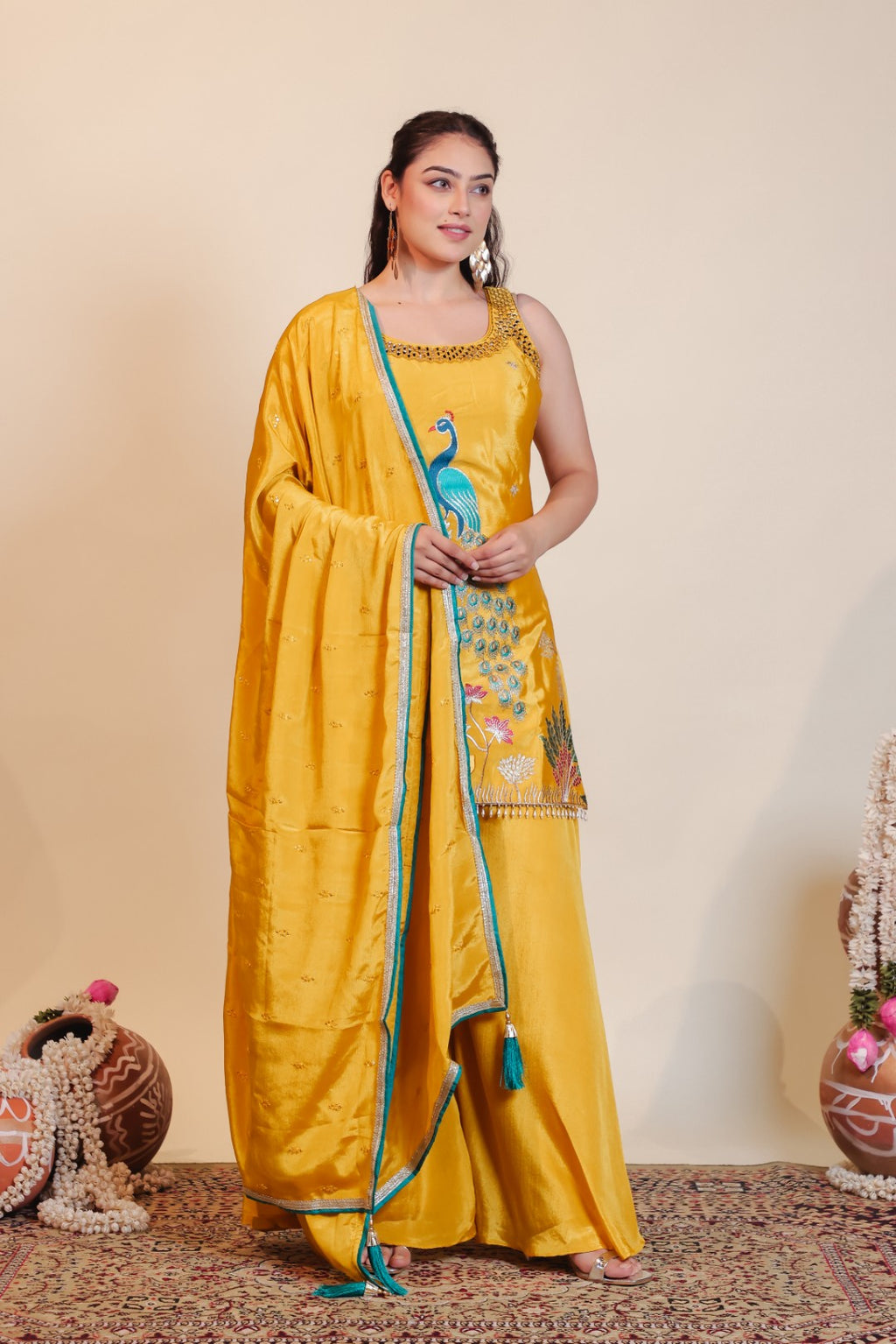 Mustard Yellow Chinon Suit with Peacock Zari Work, Sharara & Dupatta