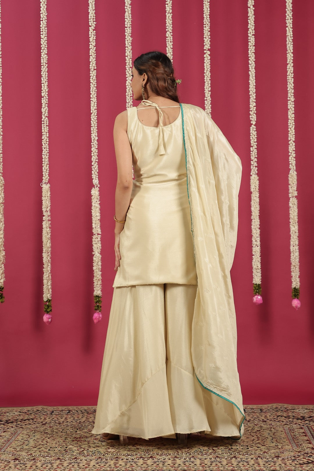 Off White Chinon Suit with Peacock Zari Work, Sharara & Dupatta