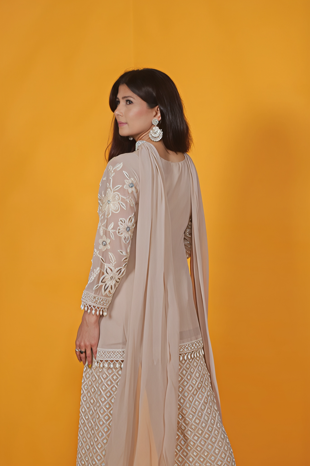 Golden Beige Georgette Top with Pearl Handwork with Palazzo & Dupatta