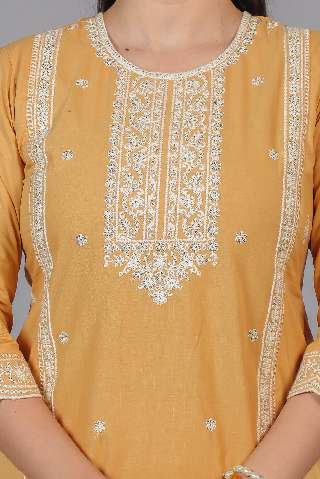 Mustard Brown Cotton Suit with Fine Thread Work, Bottom & Dupatta