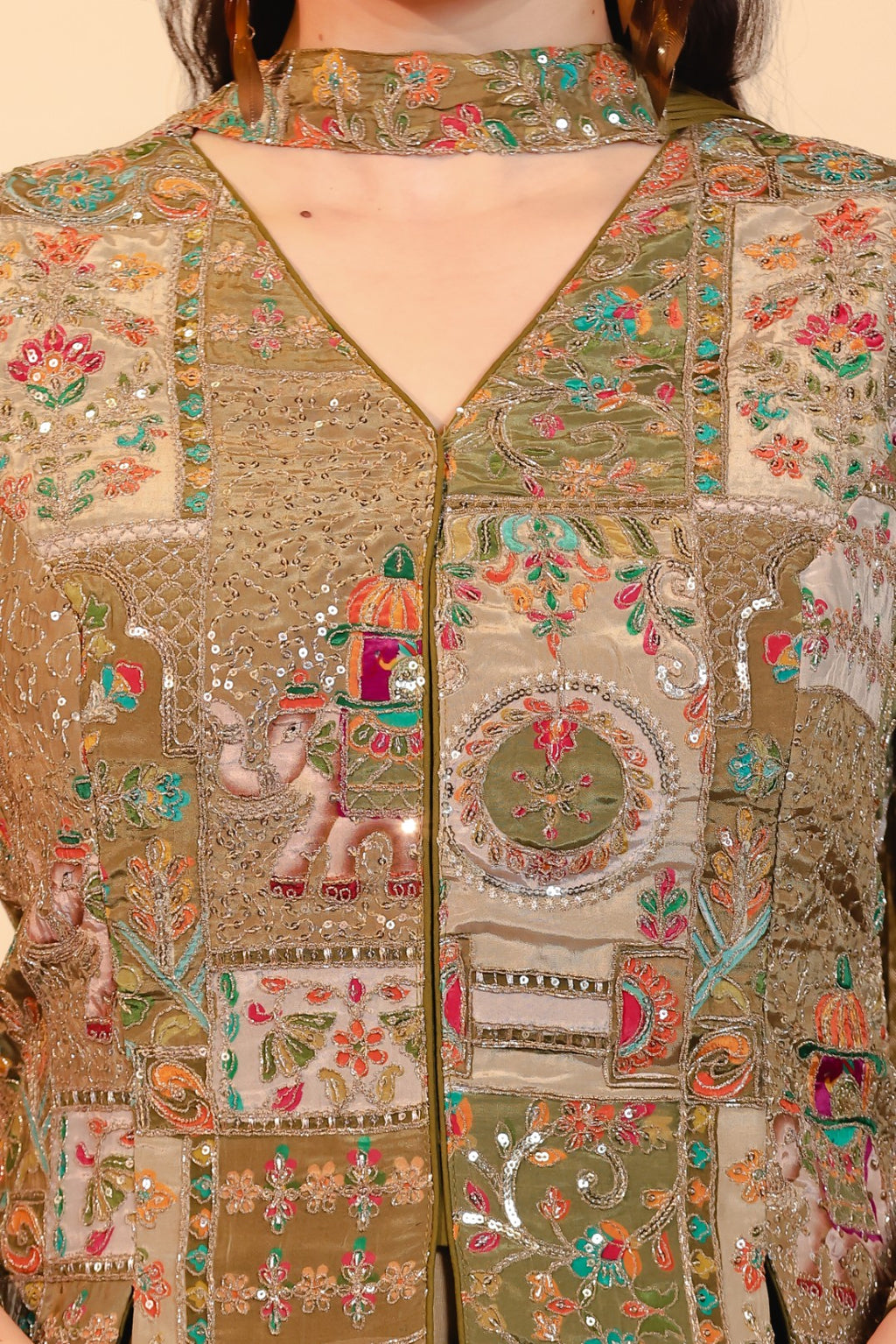 Mehendi Green HO Silk Top with Position Prints & Zari Work, Sharara & Dupatta