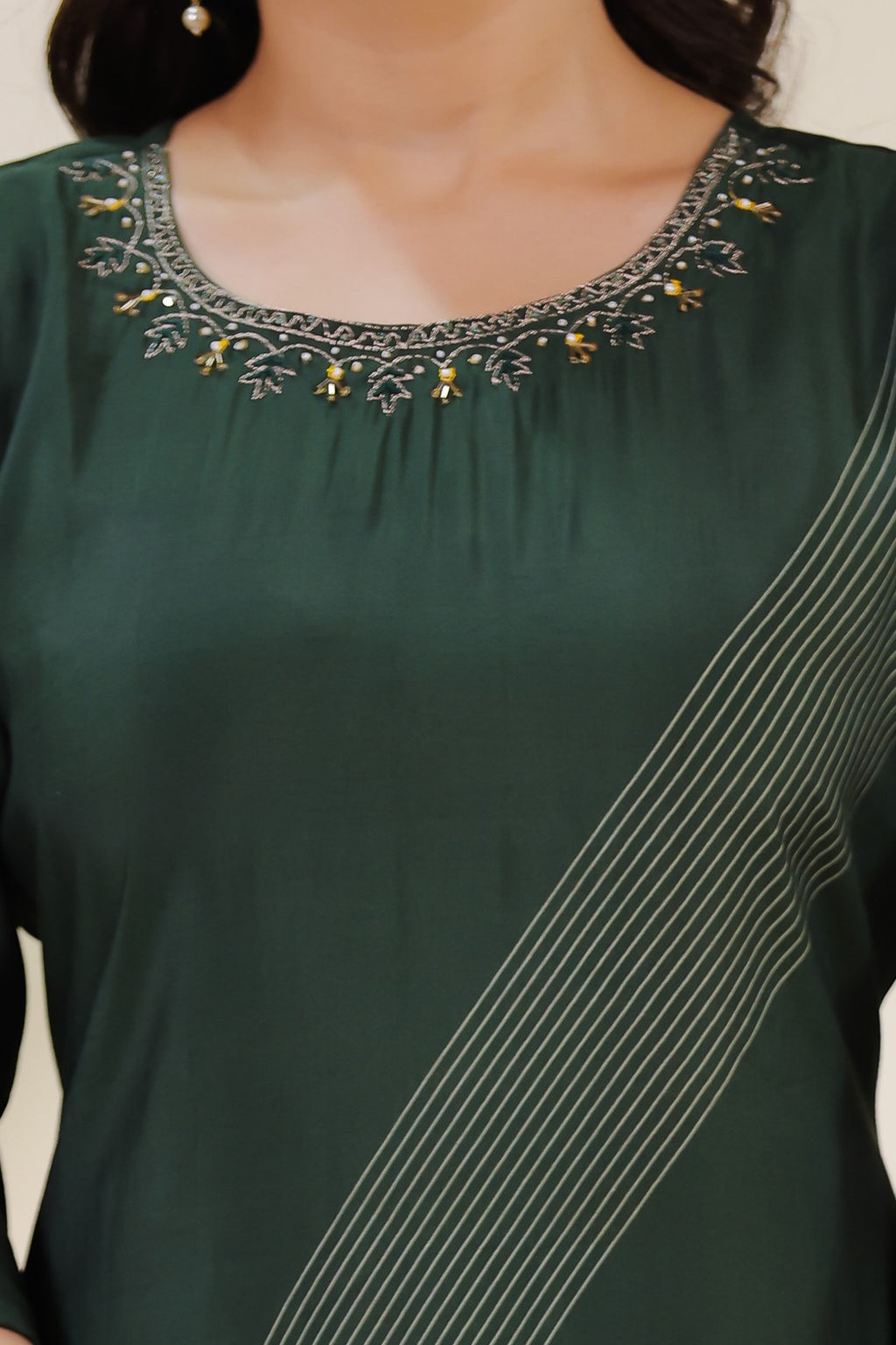 Dark Green Muslin Printed Handwork Suit with Bottom & Dupatta