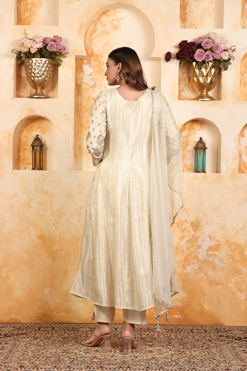 Off White Mosh Silk Suit with Full Sequins & Zari Work, Bottom & Dupatta