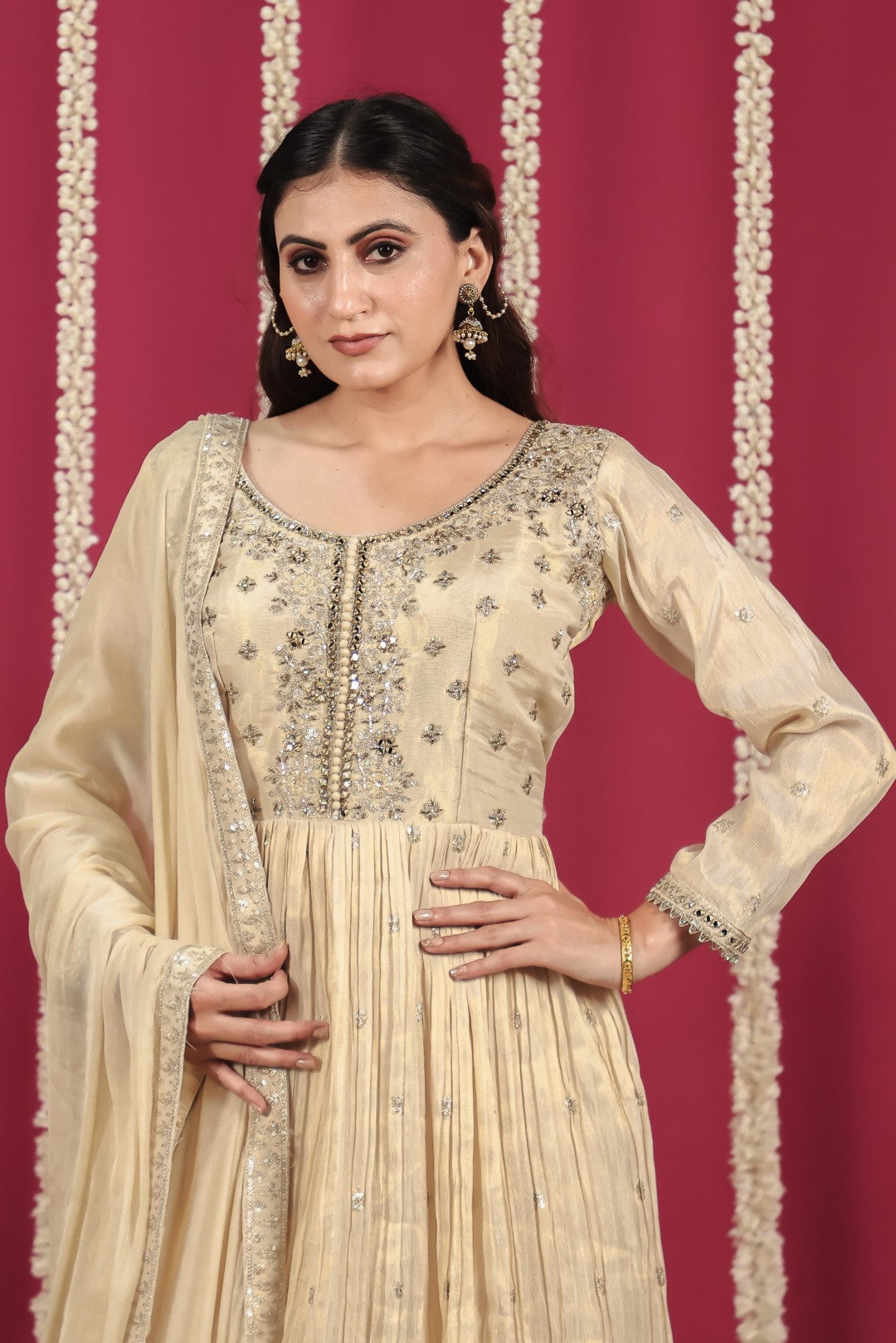Golden Off White Mosh Silk with Zari Work Gown & Dupatta