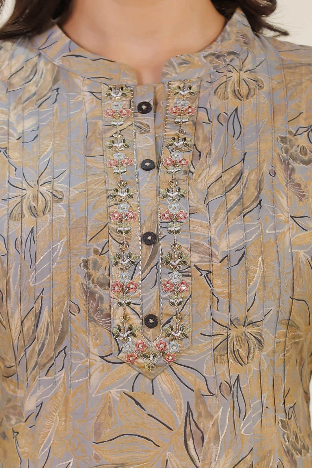 Grey Muslin Foil Printed Suit with, Bottom & Dupatta