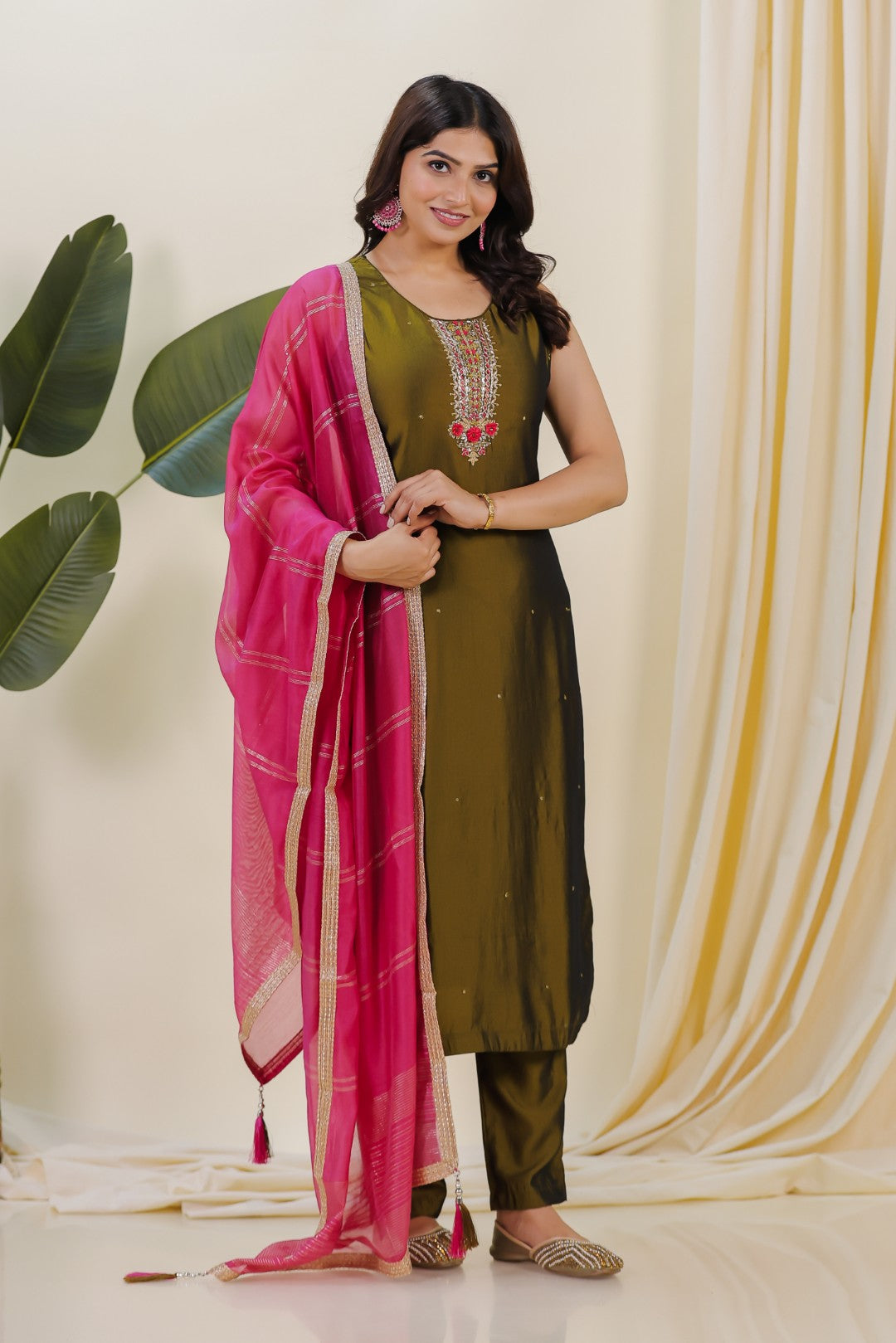 Mehendi Green Muslin Silk Suit with Handwork, Bottom & Dupatta