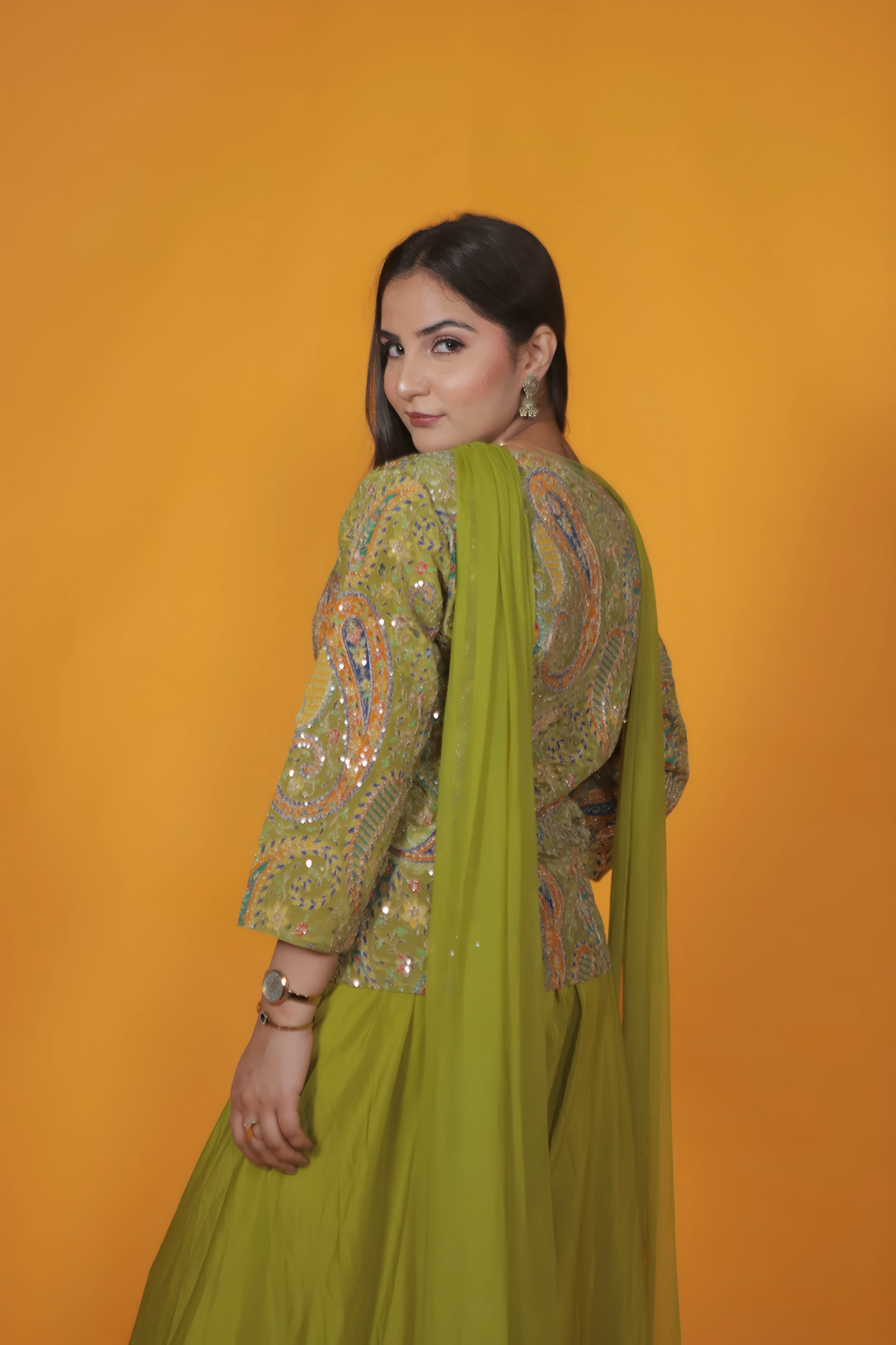 Green HO Silk Top with Position Print & Zari Work, Sharara & Dupatta