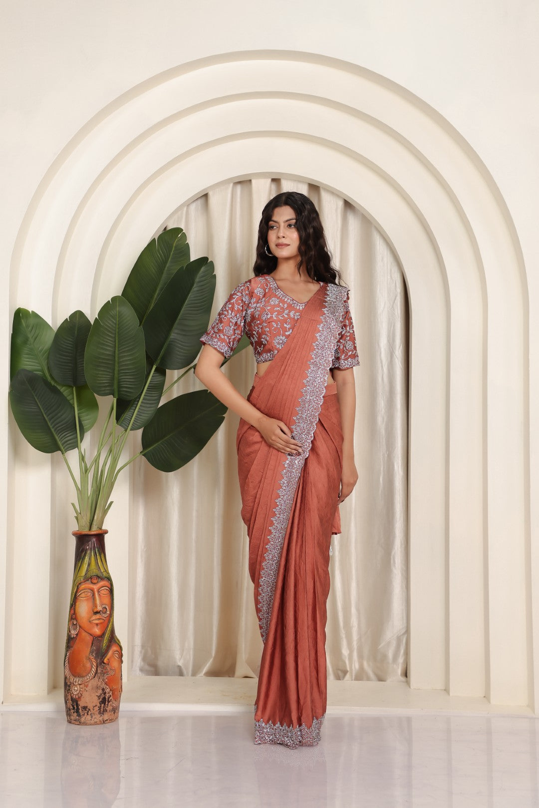 Rust Mosh Crush Draped Saree with Jarkan Work & Matching Blouse