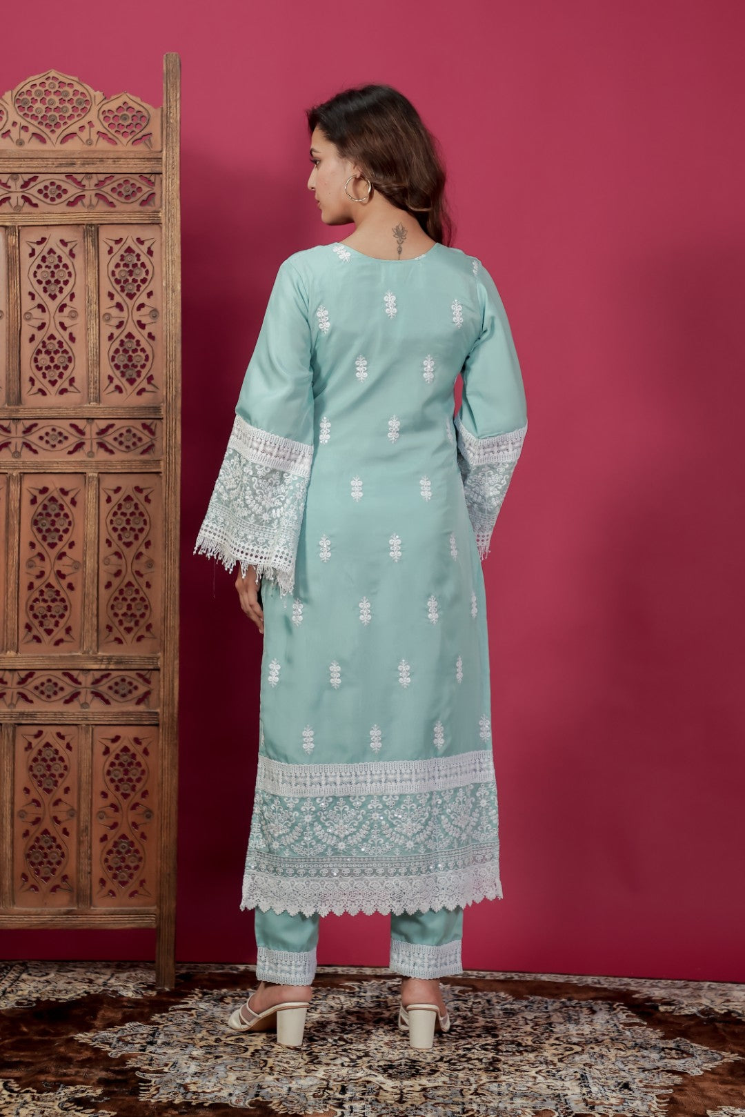 Sky Blue Organza Suit with Thread Work, Bottom & Dupatta