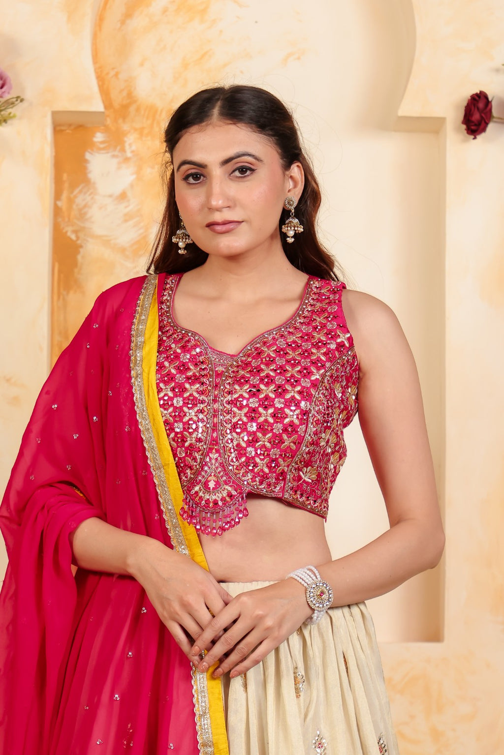 Rani Pink Dola Silk Blouse with Zari Mirror Work, Gotta Zari Work Lehenga with Dupatta