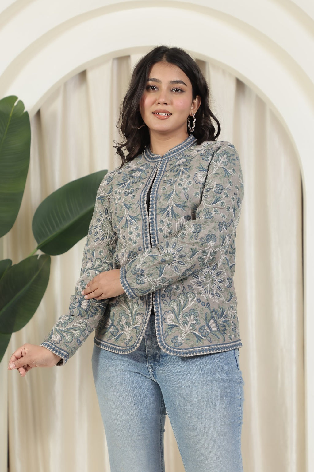 Grey Cotton Jacket with Kashmiri Thread Embroidery