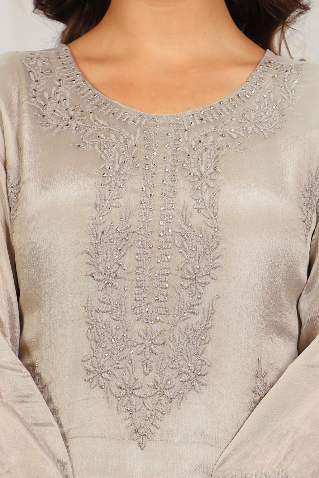 Dusty Grey Chinon Silk Suit with Thread Embroidered, Bottom & Dupatta