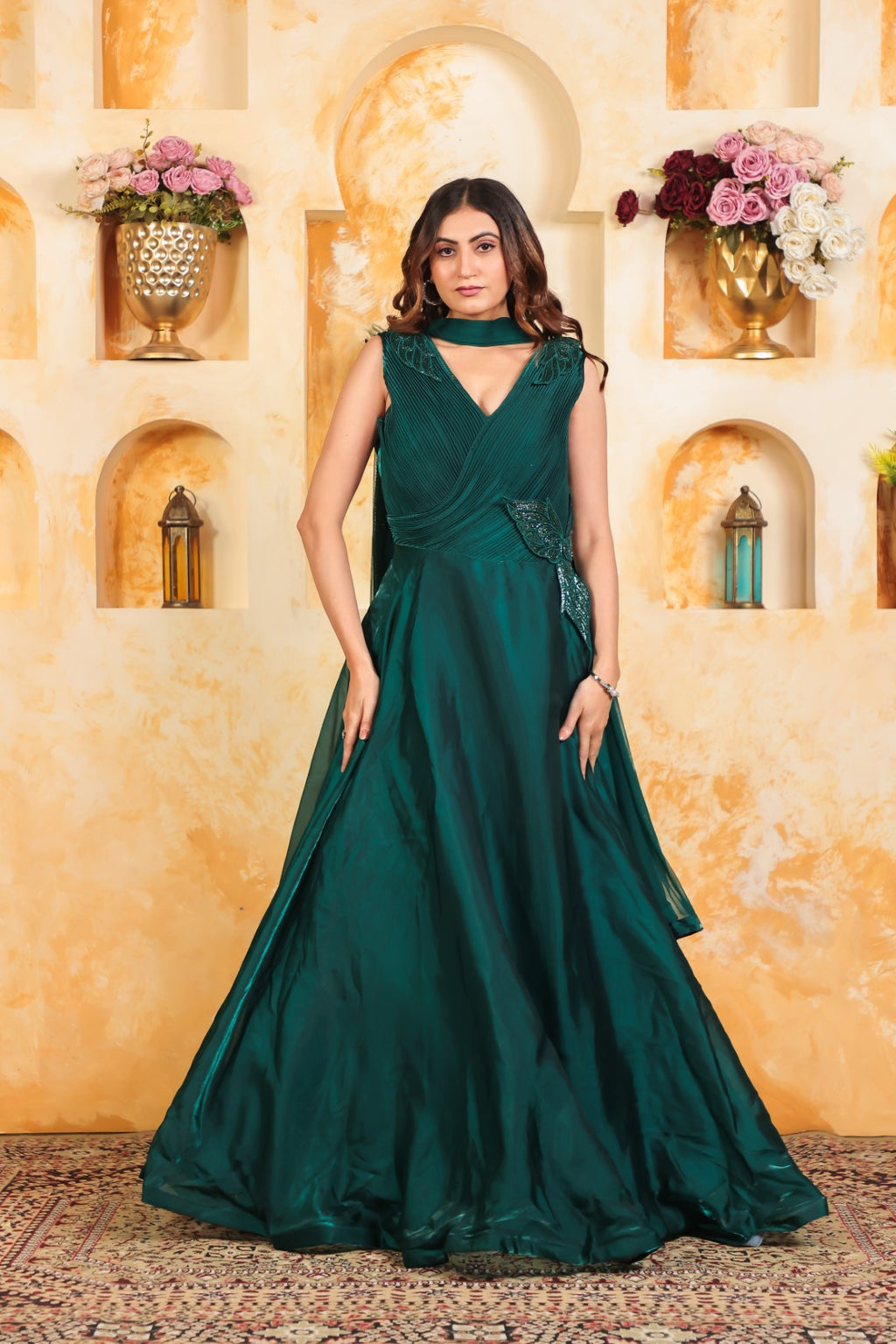 Bottle Green Jimmy Choo Fancy Stylish Gown & Dupatta