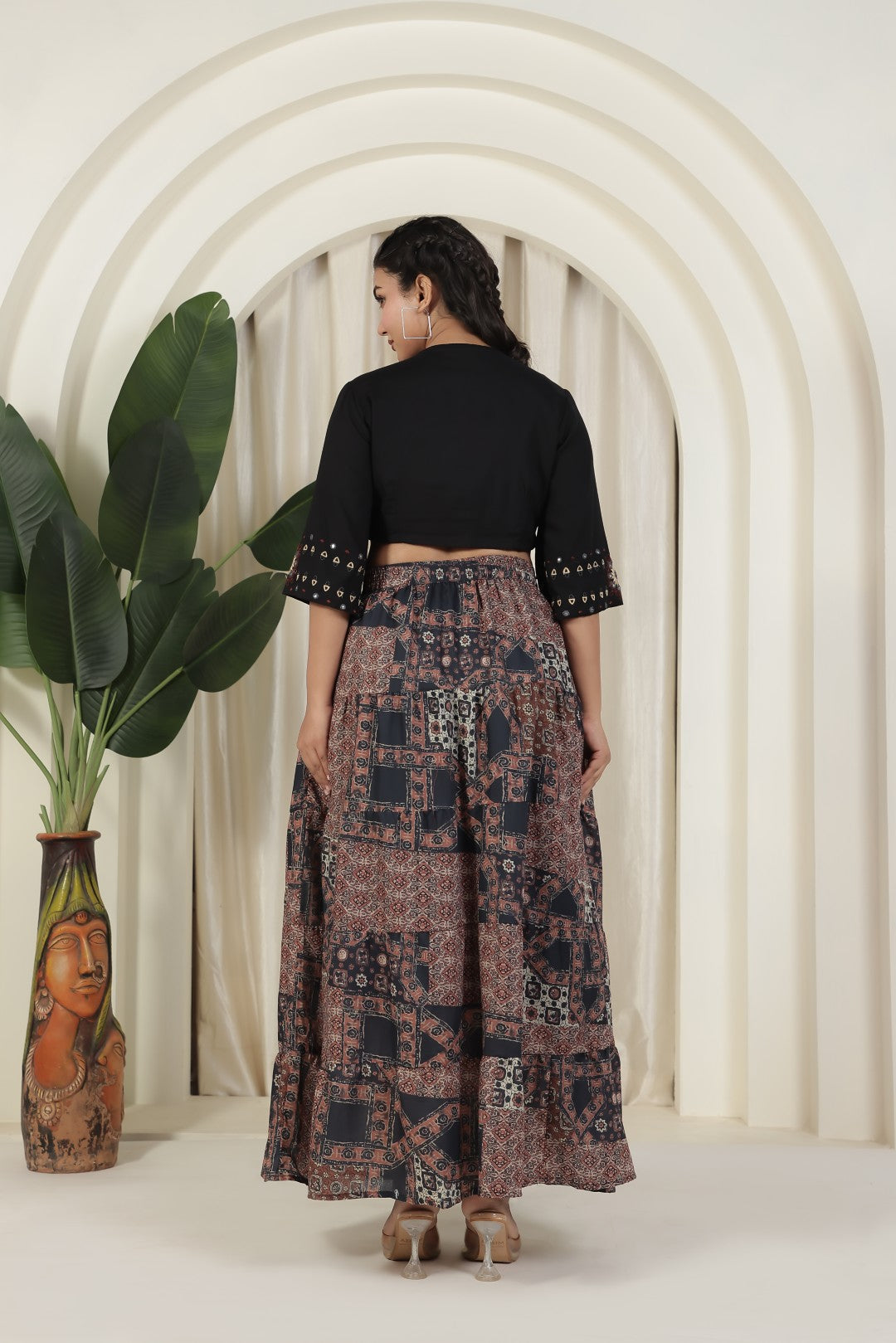 Black Rayon Cotton Top with Thread Work and Printed Skirt