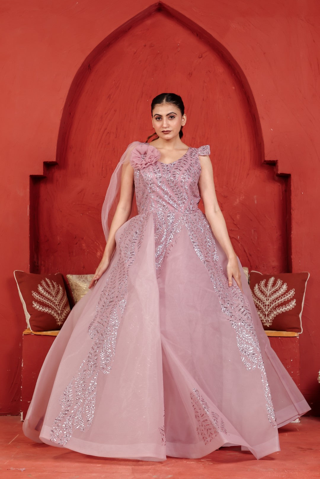 Baby Pink Net Gown with Sequin Work & Attached Dupatta