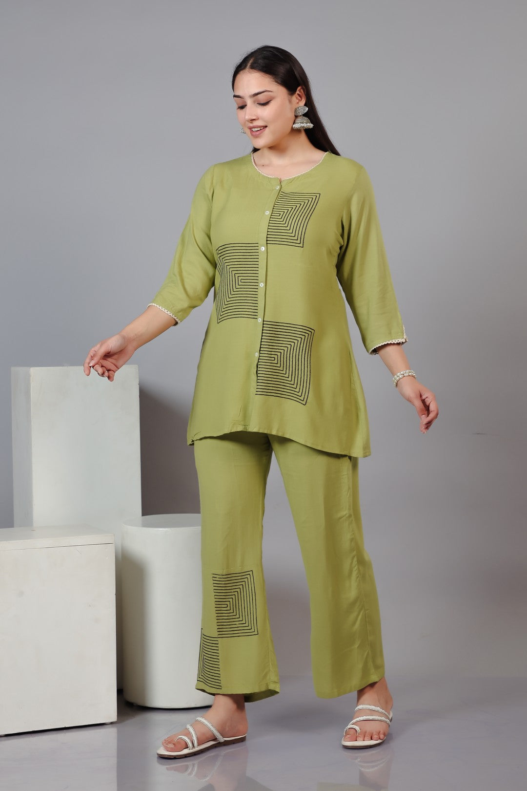 Pista Green Rayon Top with Thread Work Co-ord Set