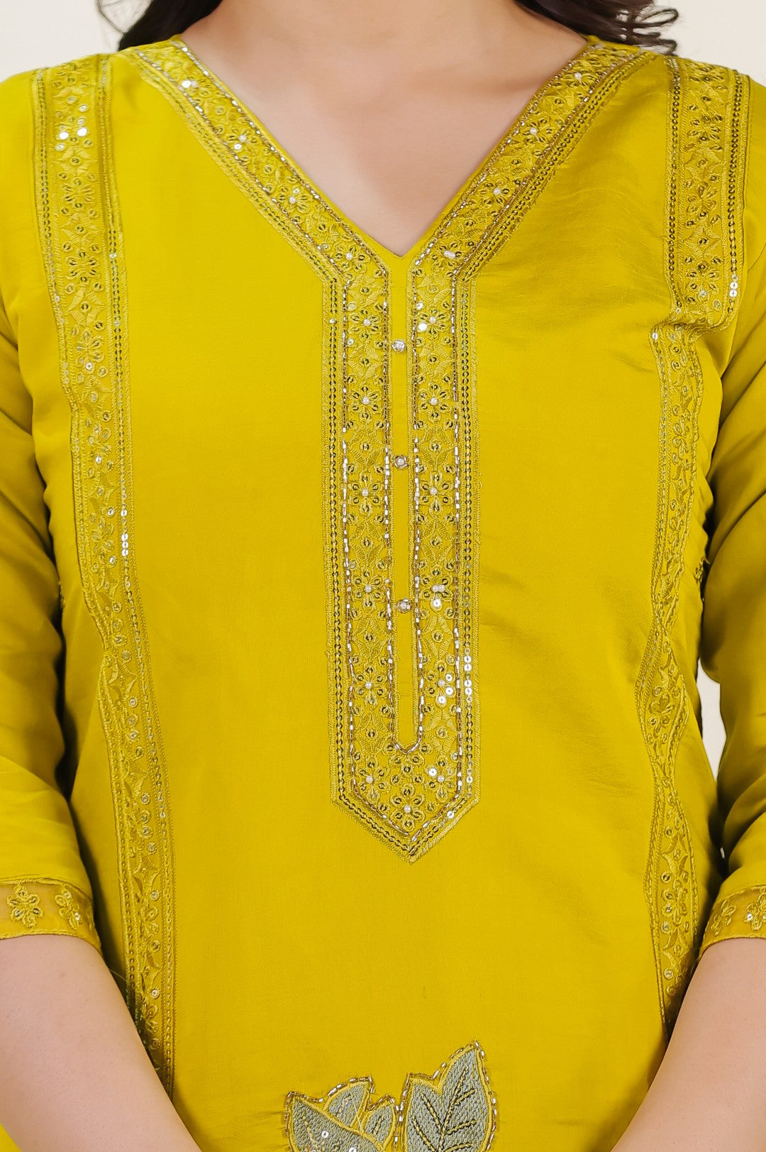 Olive Yellow Muslin Suit with Embroidery, Bottom & Dupatta