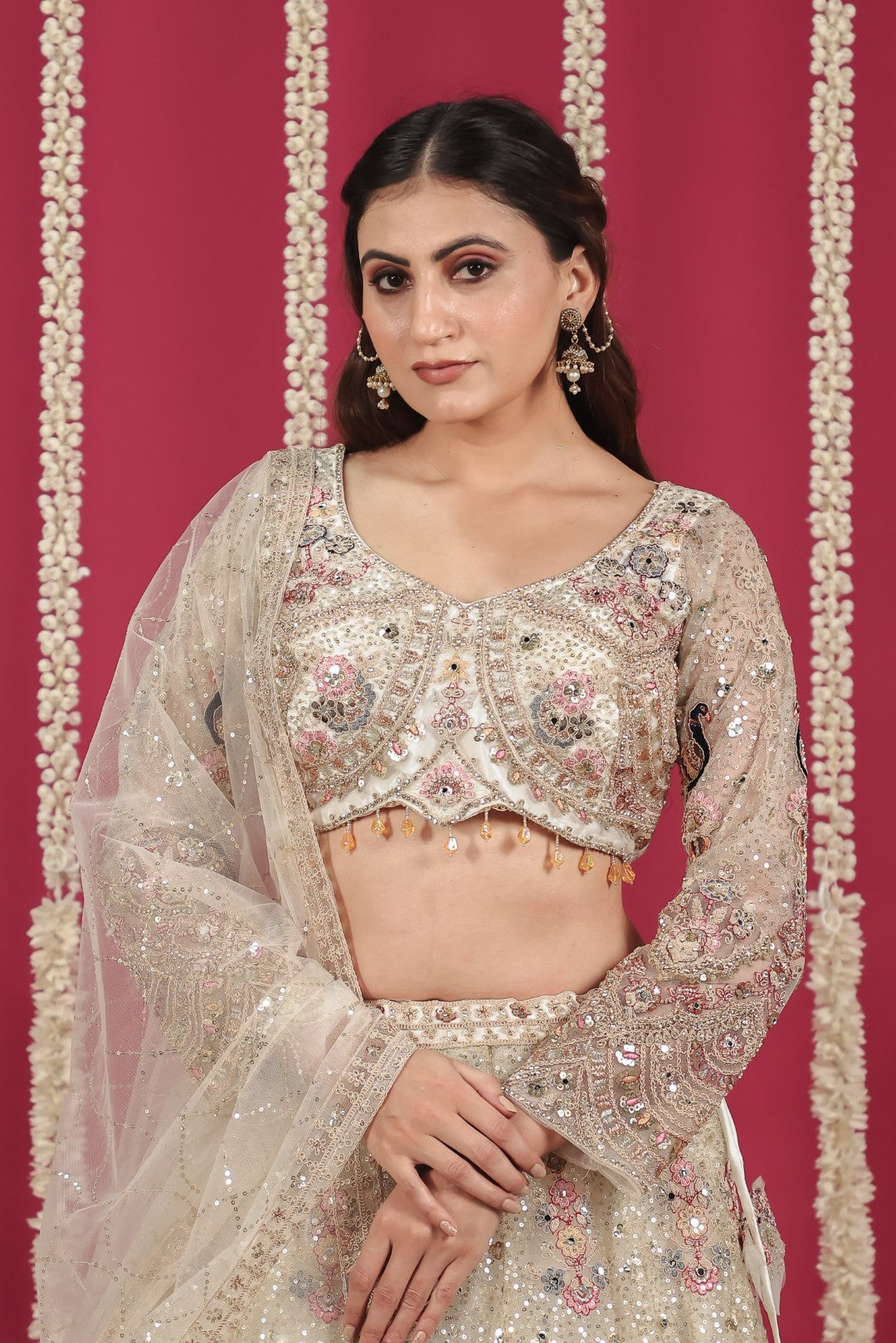 Off White Net Lehenga with Heavy Embroidery and Matching Blouse & Dupatta