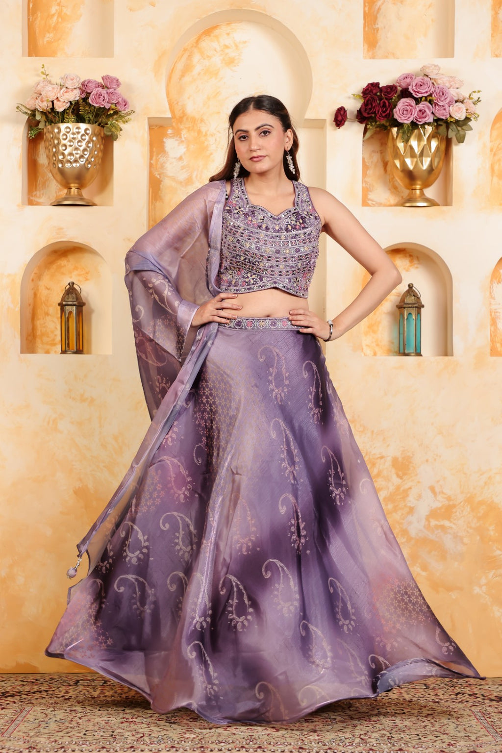 Purple Jimmy Choo Blouse with Digital Print & Zari Work, Lehenga & Dupatta