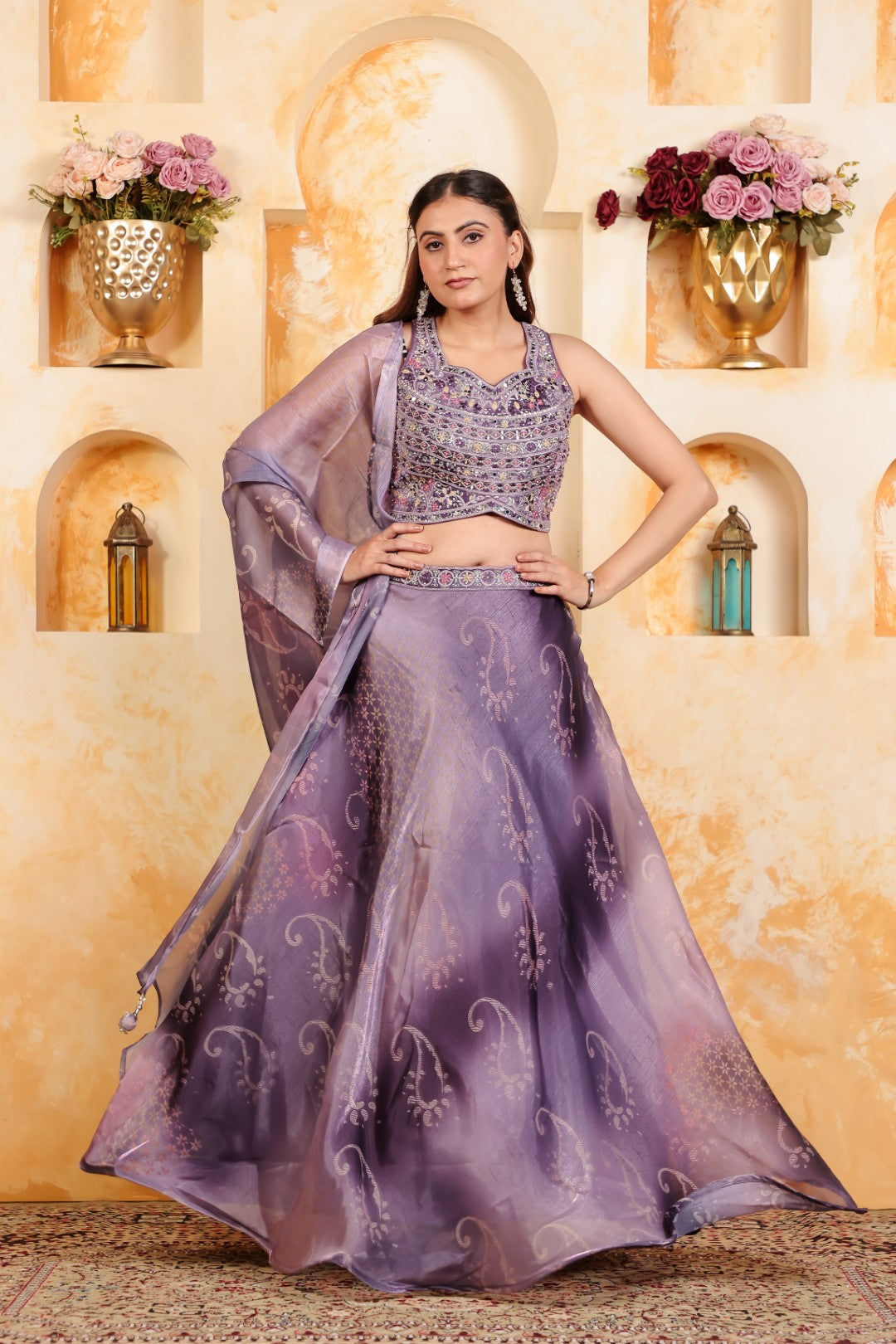 Purple Jimmy Choo Blouse with Digital Print & Zari Work, Lehenga & Dupatta
