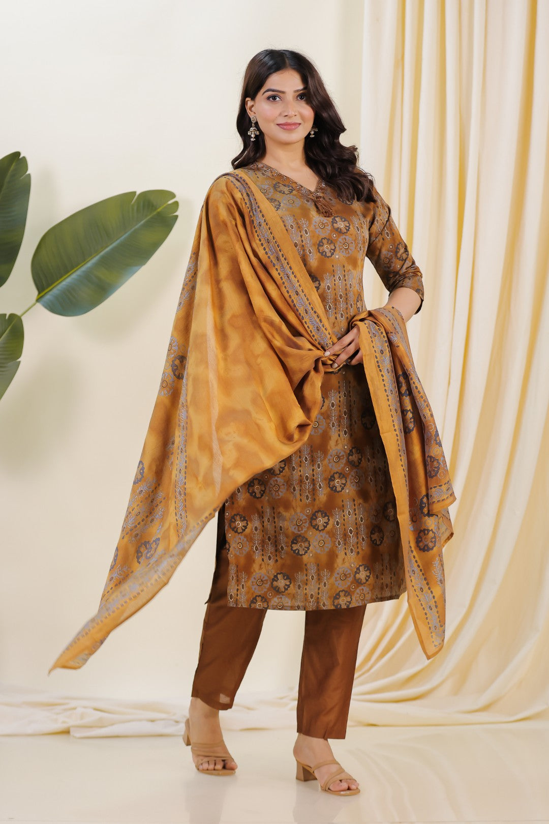 Brown Muslin Printed Suit with Piping Neck Work, Bottom & Dupatta