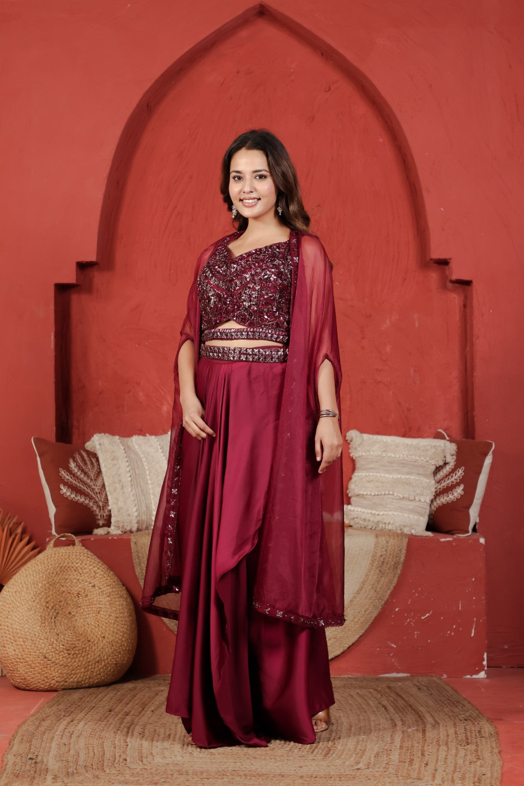 Maroon Satin Silk Dhoti Set with Handwork Blouse, Shrug & Belt