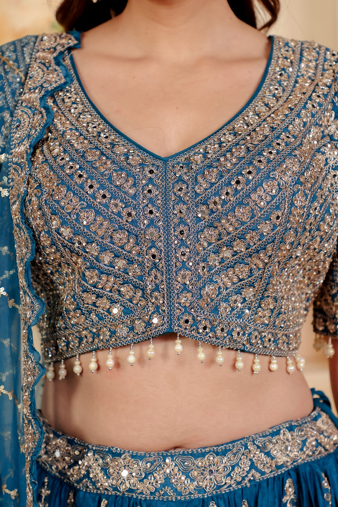 Diesel Blue Chinon Blouse with Heavy Zari & Stone Work, Lehenga & Net Dupatta