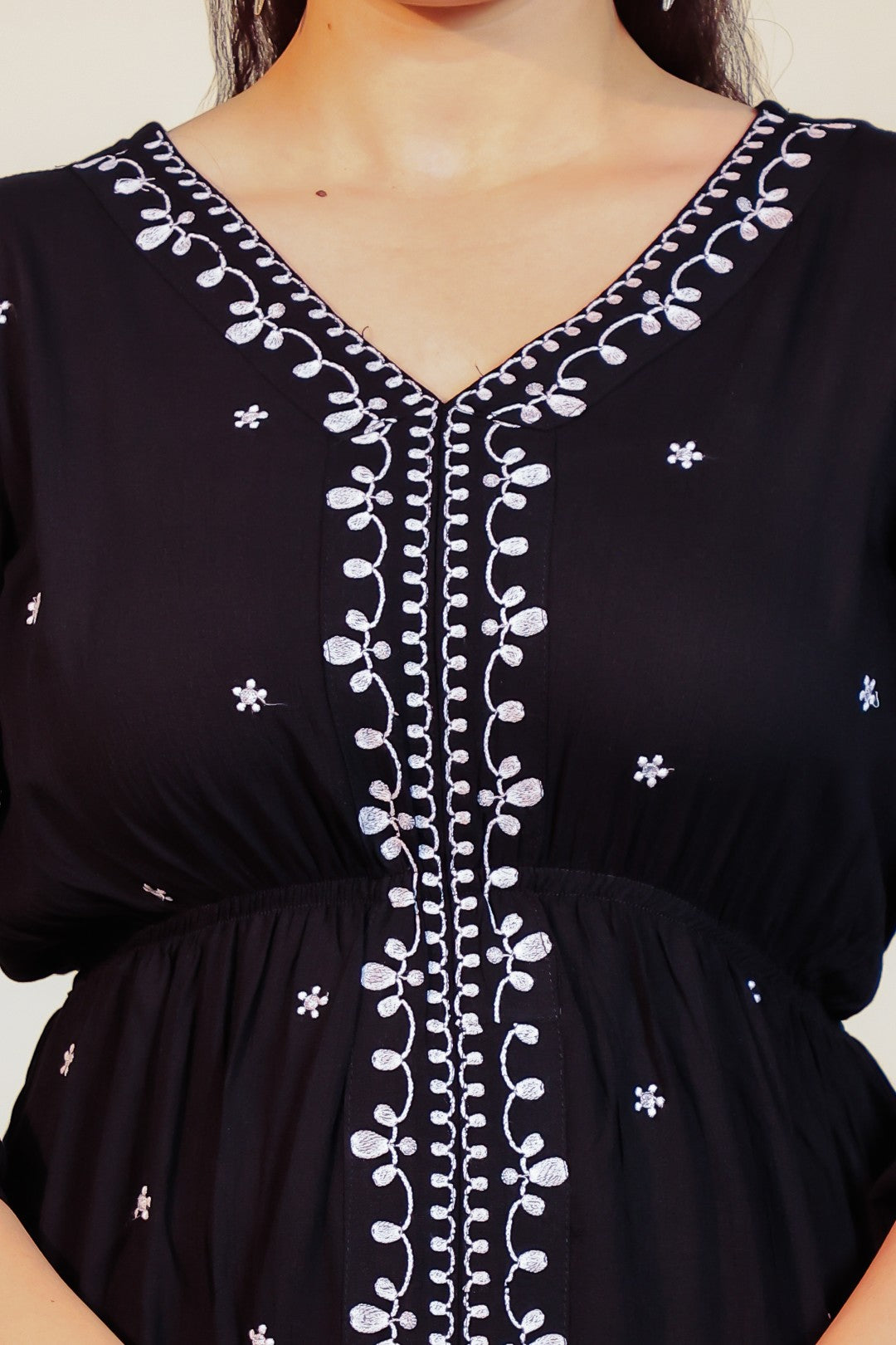 Black Rayon with White Thread Work Midi Dress