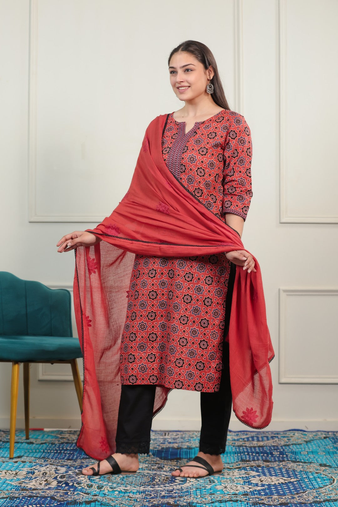 Rust Cotton Printed Suit with Bottom & Dupatta