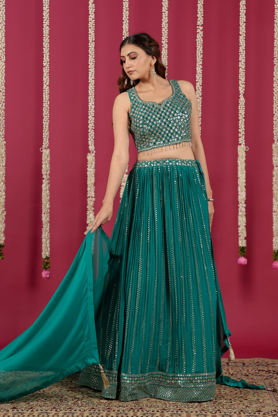Rama Green Georgette Lehenga with Sequin & Mirror Work Blouse & Dupatta