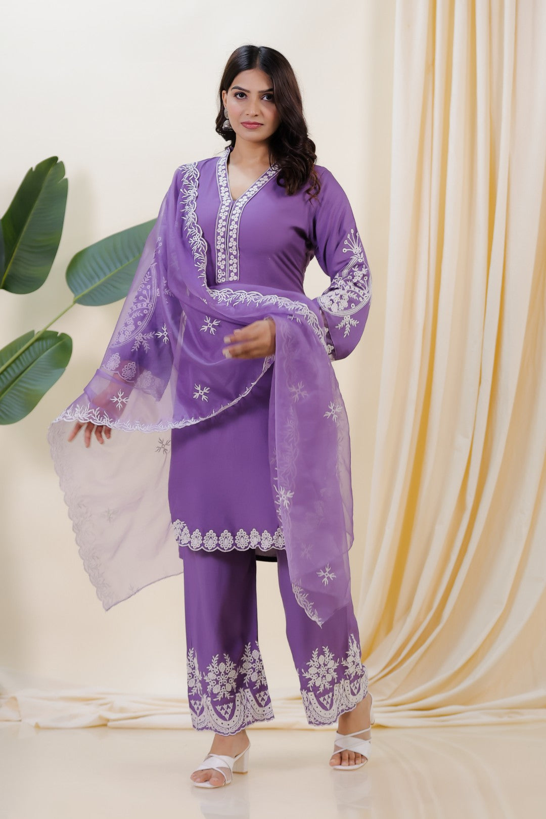 Lavender Rayon Cotton Suit with Thread Work, Palazzo Dupatta