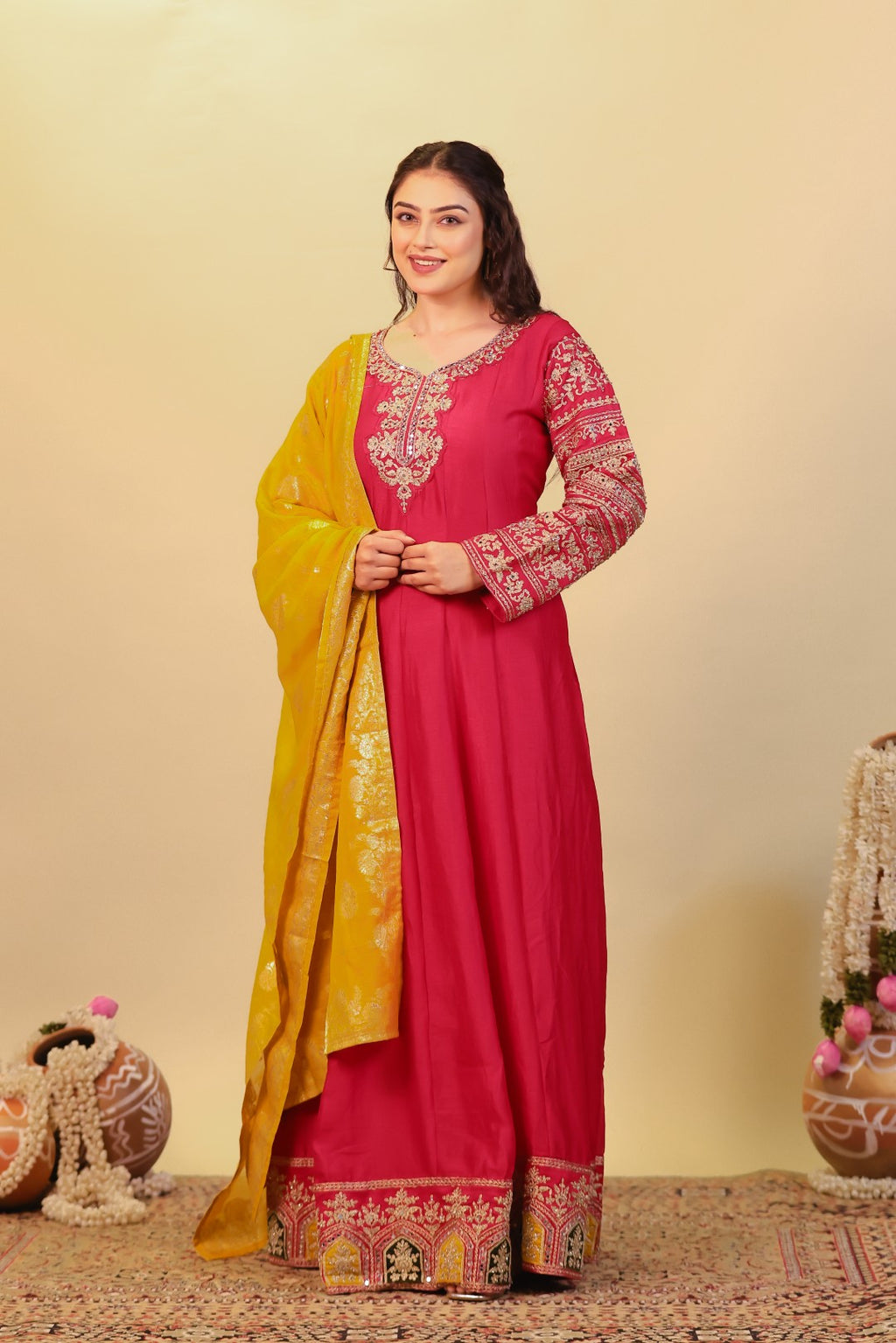 Rani Pink Vichitra Silk with Zari Work Gown & Dupatta