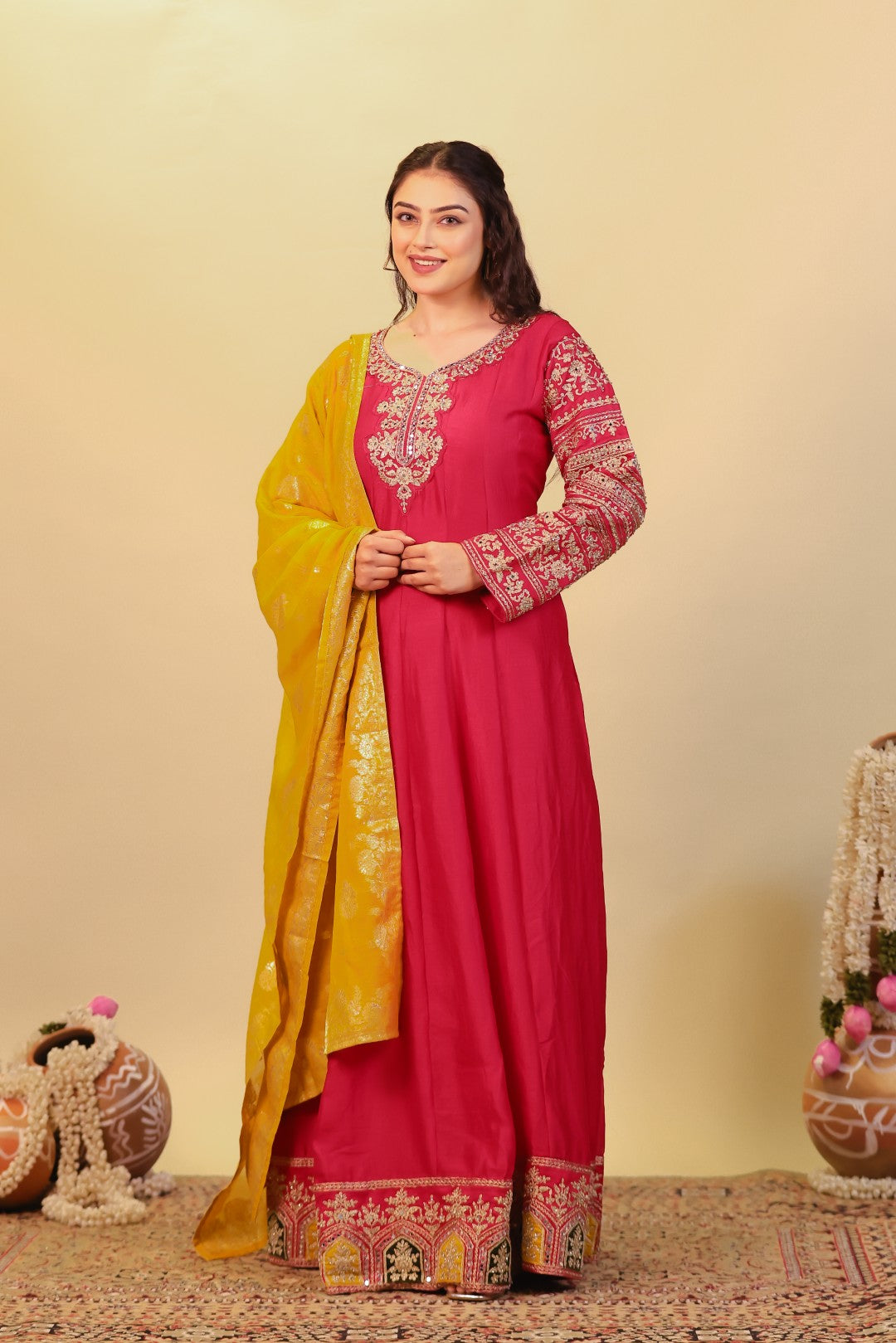 Rani Pink Vichitra Silk with Zari Work Gown & Dupatta