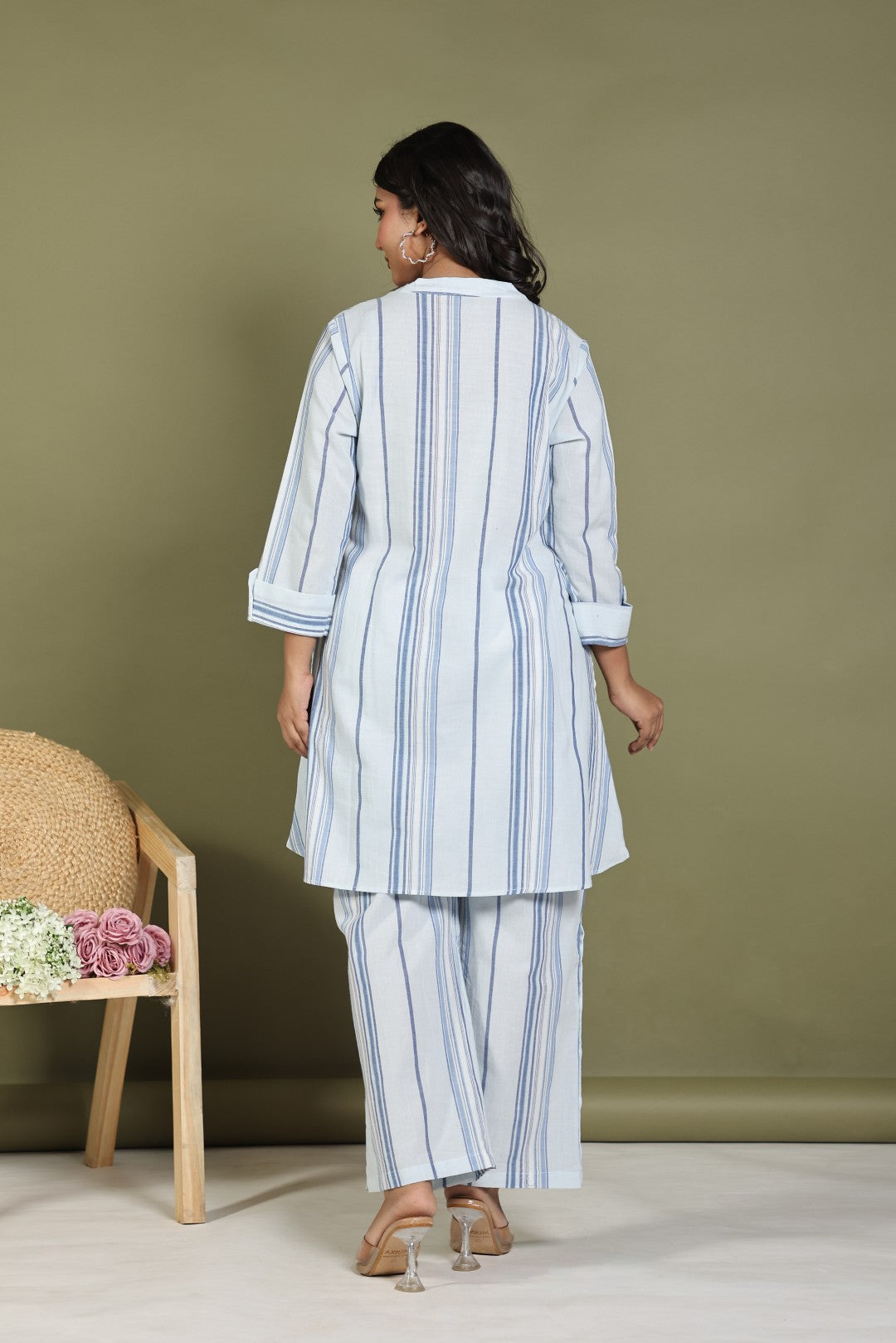 Light Sky Blue Cotton Top with Lining Prints, and Same Pant