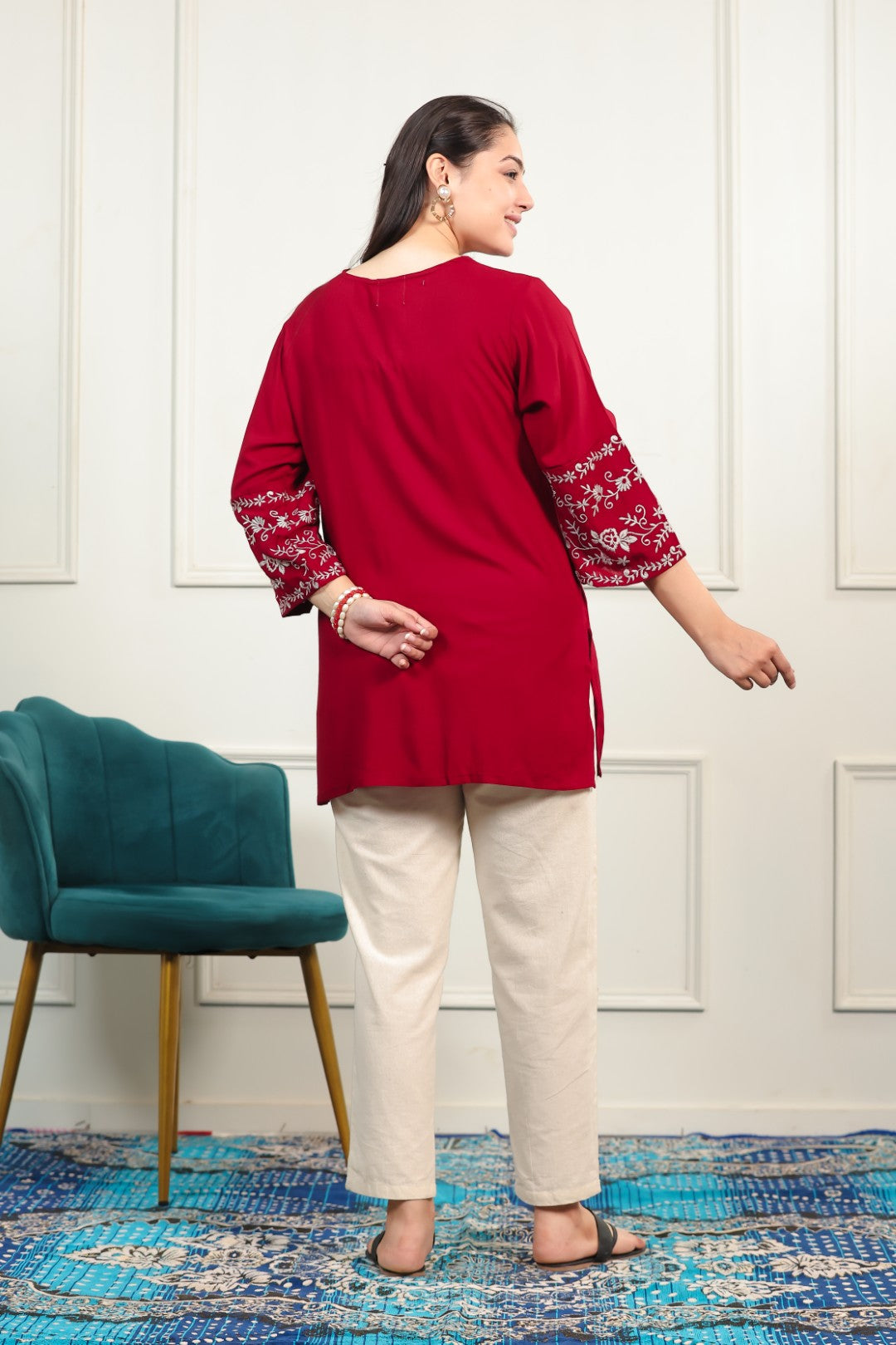 Maroon Rayon Thread Embroidered Short Kurti