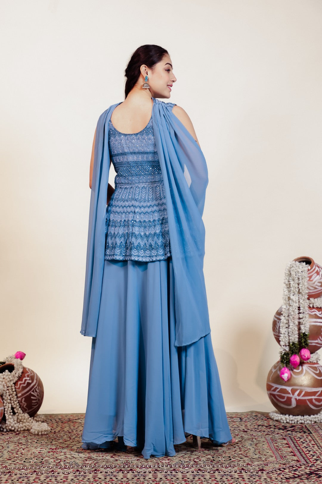 Grey Georgette Peplum Top with Zari Work, Sharara & Choker Style Dupatta