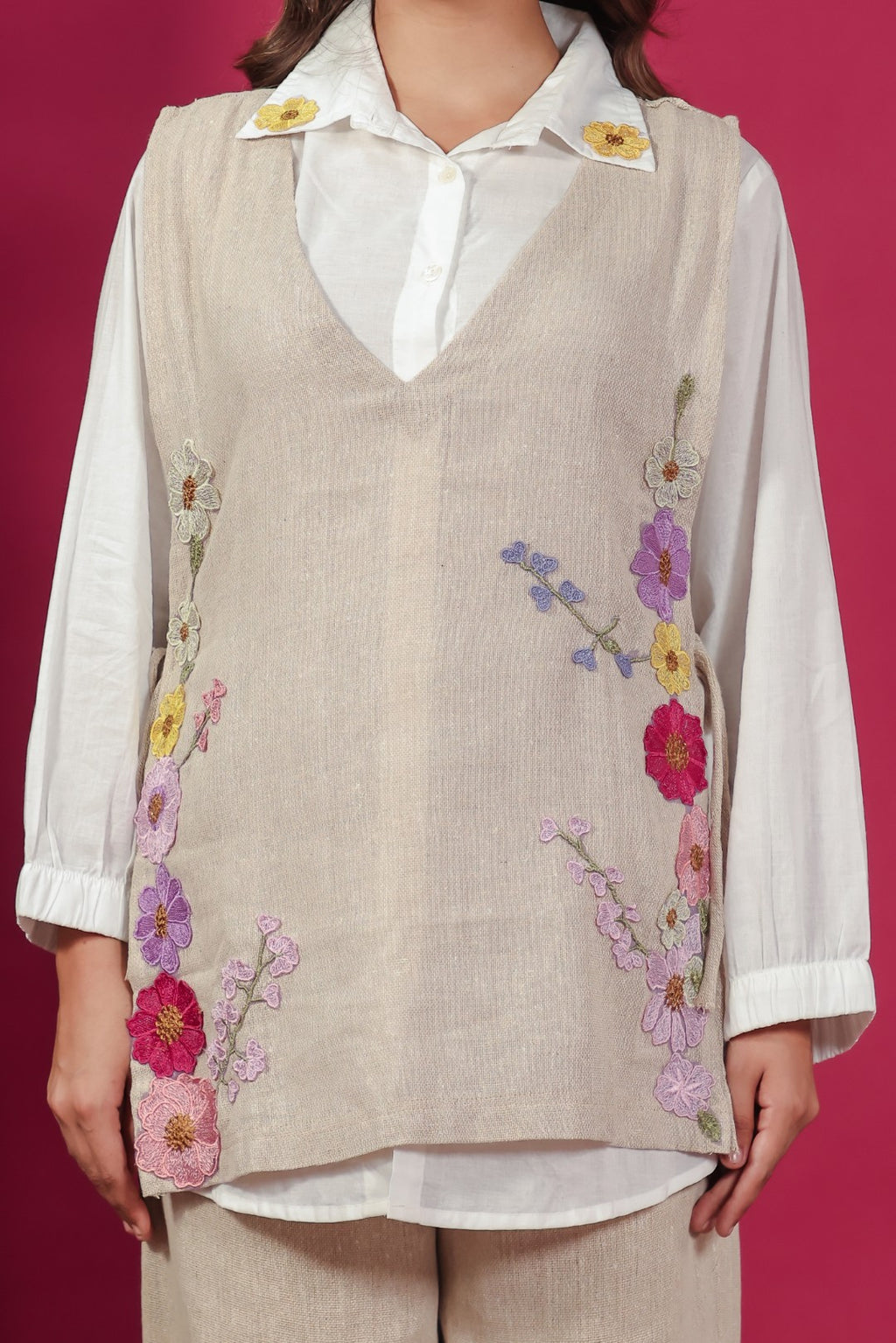 White Cotton Shirt with Beige Jute Linen Jacket Co-ord Set