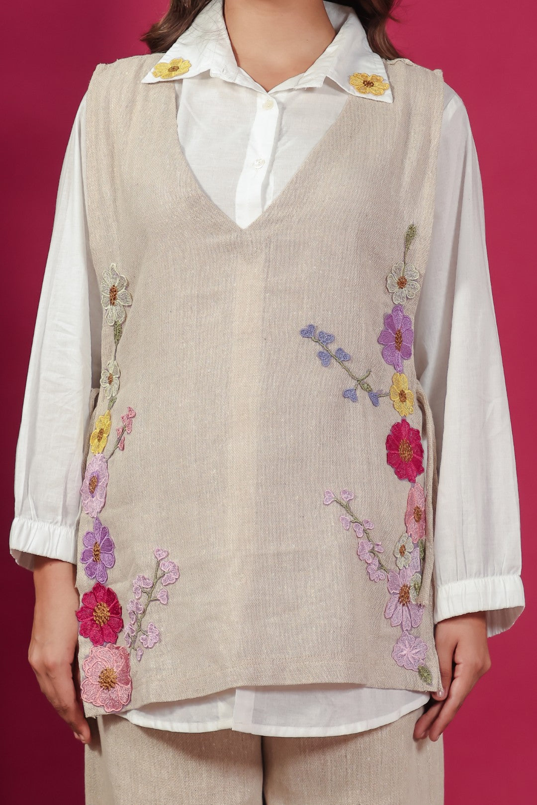 White Cotton Shirt with Beige Jute Linen Jacket Co-ord Set