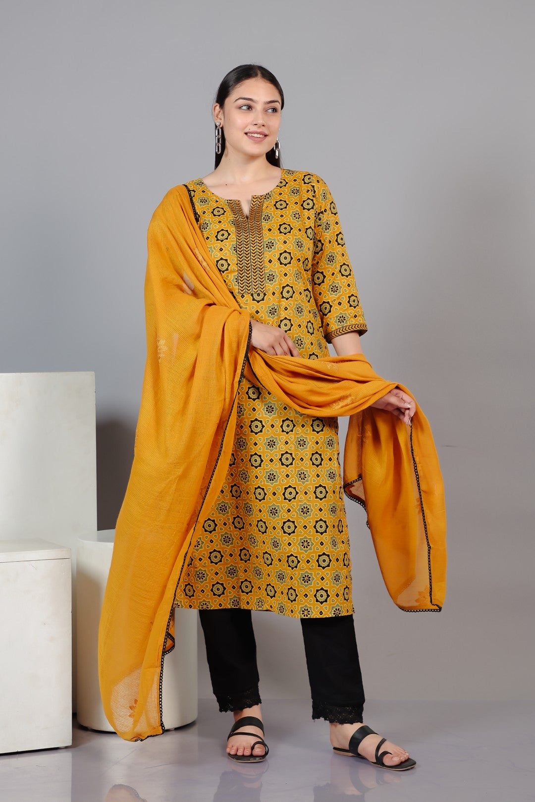 Yellow Cotton Printed Suit with Bottom & Dupatta