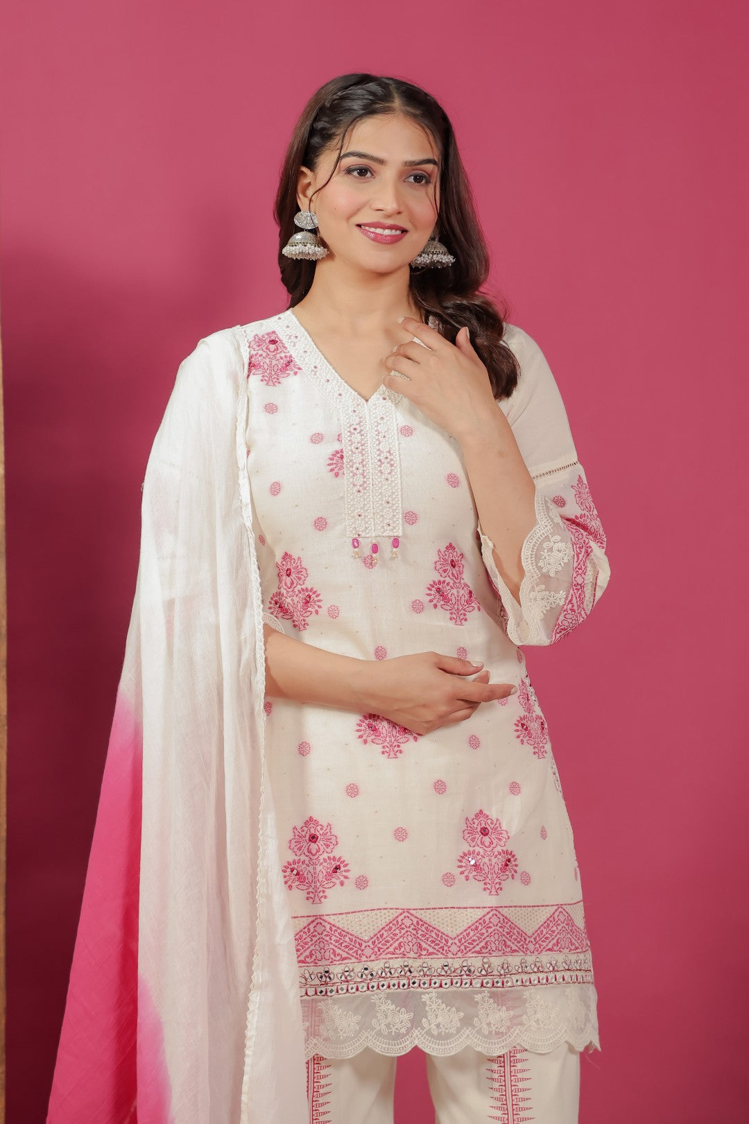 Off White Cotton Jacquard Work Co-ord Set with Dupatta