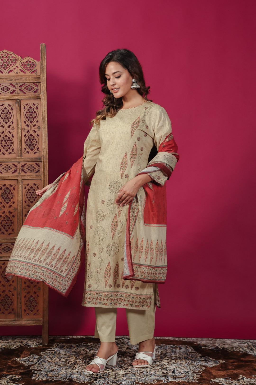 Beige Cotton Katha Print Suit, Bottom & Dupatta