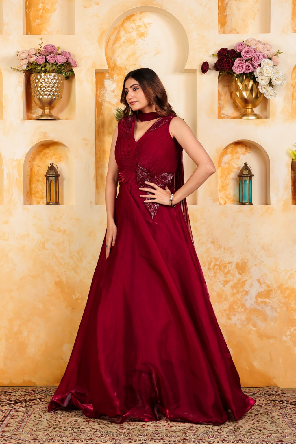 Maroon Jimmy Choo Fancy Stylish Gown & Dupatta