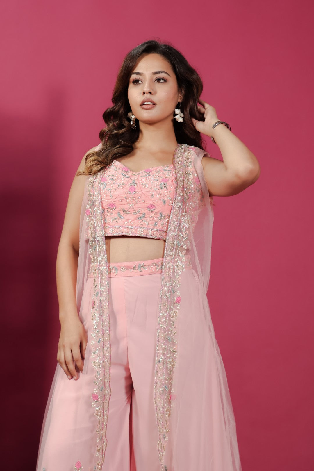 Peach Silk & Georgette Blouse with Zari Stone Work, Sharara & Shrug