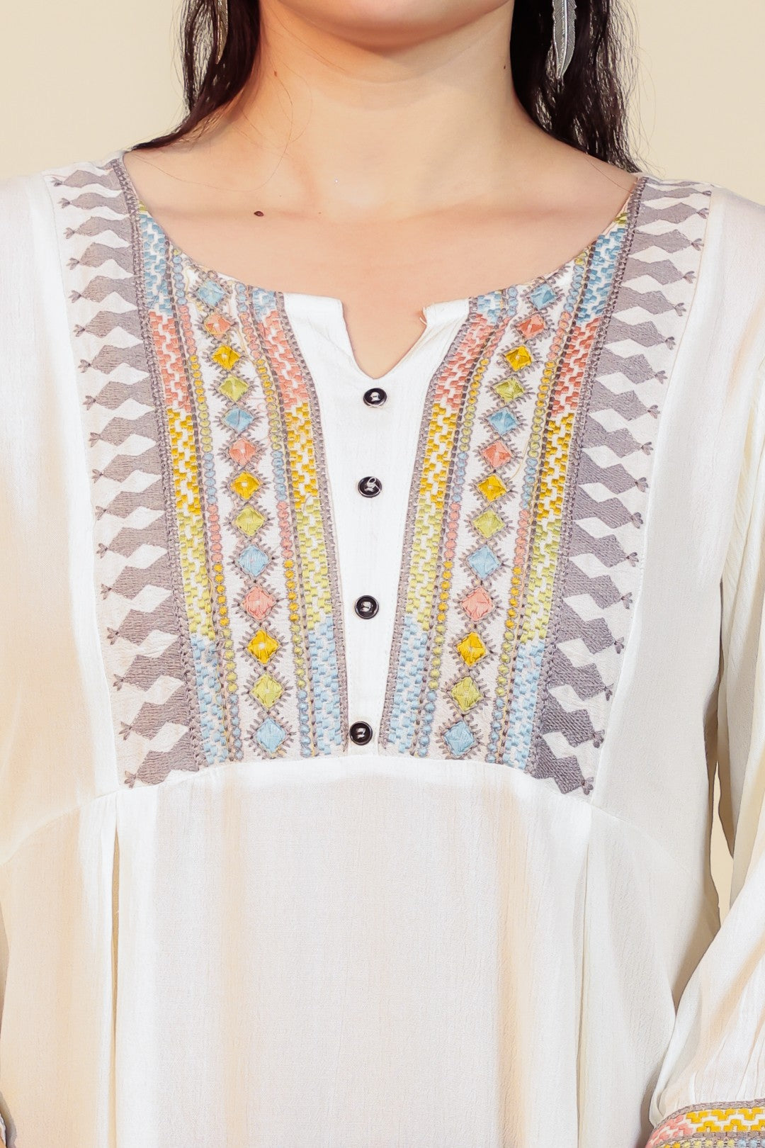 Off White Wrinkled Rayon Thread Work Top